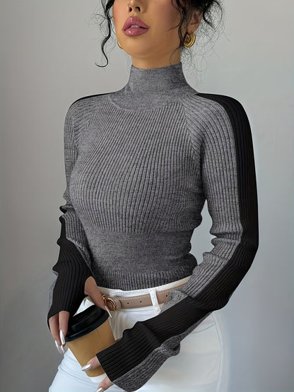 Suéter de cuello alto color block para mujer - Blusa elegante de punto suave