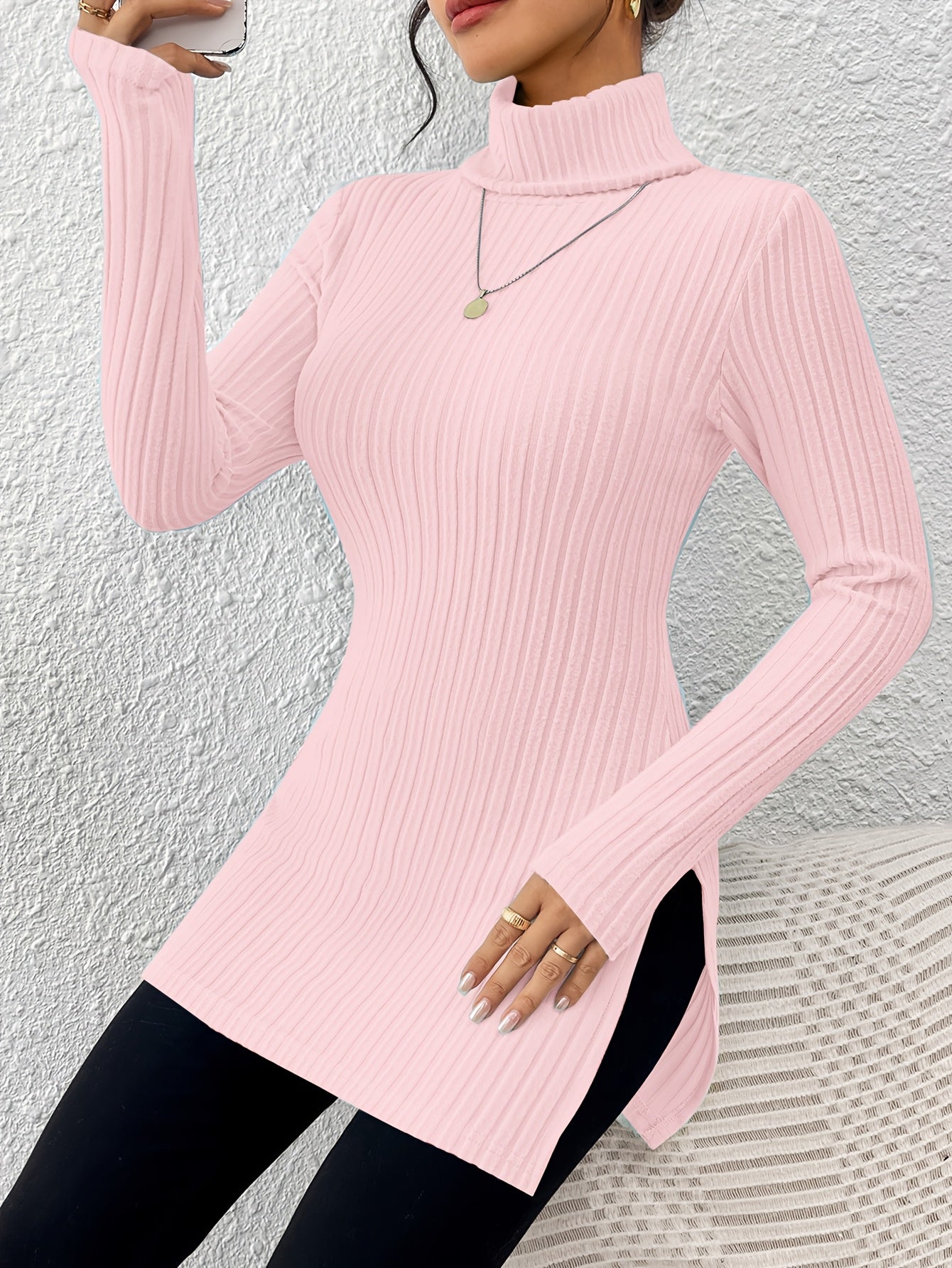 Top de cuello alto elegante para mujer – Tejido suave de manga larga y cuello alto