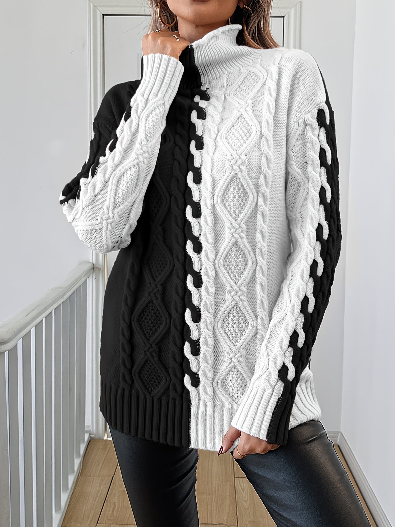 Blusa Elegante de Rayas con Cuello Alto – Top de Manga Larga de Punto Color Block