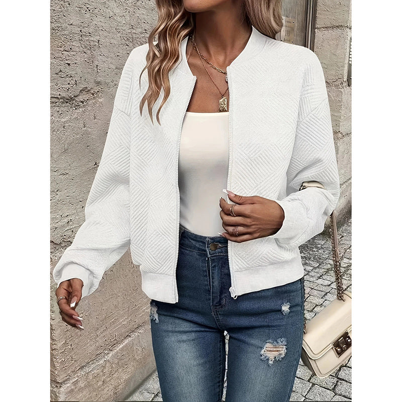 Chaqueta bomber texturizada de Loom & Soul para mujer – Abrigo de moda de otoño con cuello alto y cremallera | Ropa de abrigo informal, ligera y elegante