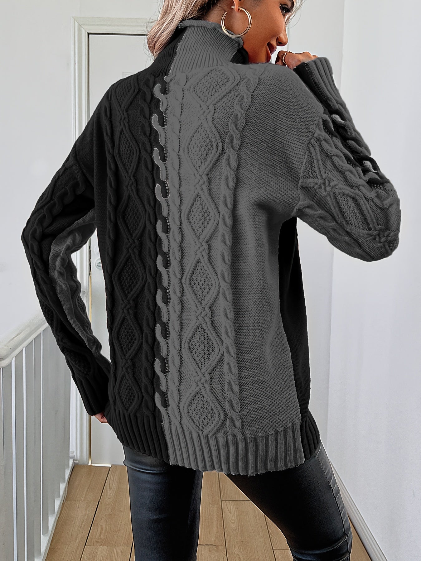 Blusa Elegante de Rayas con Cuello Alto – Top de Manga Larga de Punto Color Block