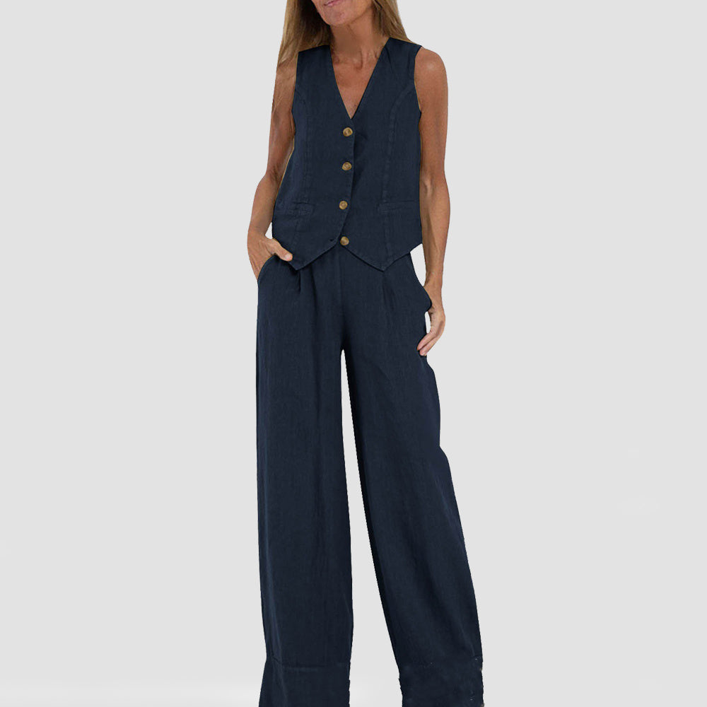 Conjunto de Chaleco y Pantalón de Lino y Algodón Loom & Soul™ para Mujer – Top sin Mangas con Cuello en V y Pantalones Rectos Sueltos