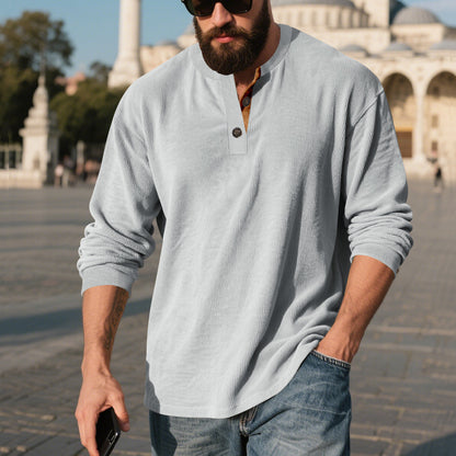 Camisa Henley de pana retro para hombre – Manga larga ajuste holgado