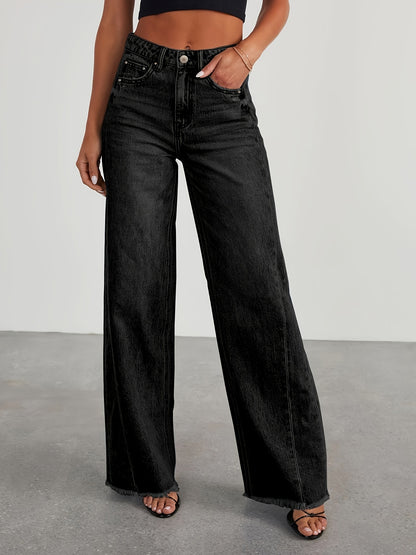 Pantalones vaqueros de mujer de talle alto y pernera ancha – Vaqueros elásticos informales holgados