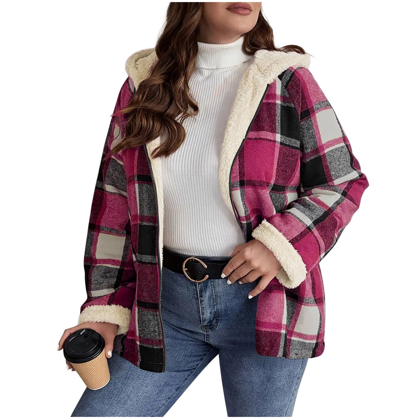 Abrigo de mujer con capucha forrado de forro polar a cuadros – Calidez retro