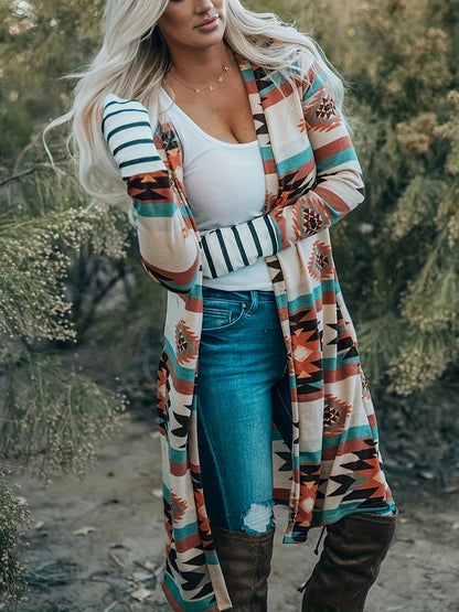Cárdigan con estampado azteca del suroeste – Chaqueta de punto turquesa y roja para mujer