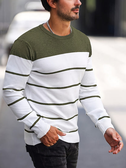 Suéter de punto a rayas azul marino para hombre – Sudadera informal de cuello redondo