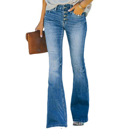 Jean évasé taille haute Loom & Soul pour femme – Jean patte d'éléphant en denim délavé avec double bouton et ourlet brut