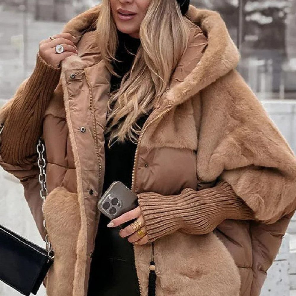Abrigo con capucha de patchwork de piel sintética Loom & Soul™ – Chaqueta de invierno de algodón holgada para mujer, para una comodidad y calidez elegantes