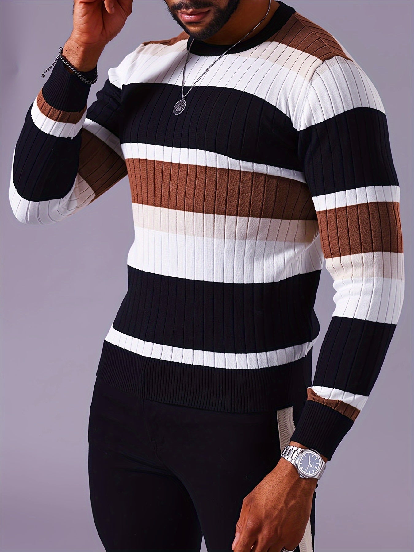 Pull rayé en tricot côtelé pour homme – Pull Color Block Automne Hiver