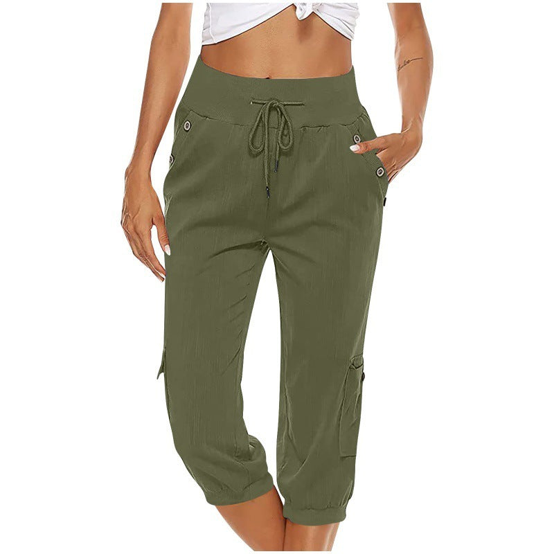 Loom & Soul™ Pantalon Cargo Cropped Femme – Mélange Coton-Lin avec Poches pour un Style Quotidien Sans Effort