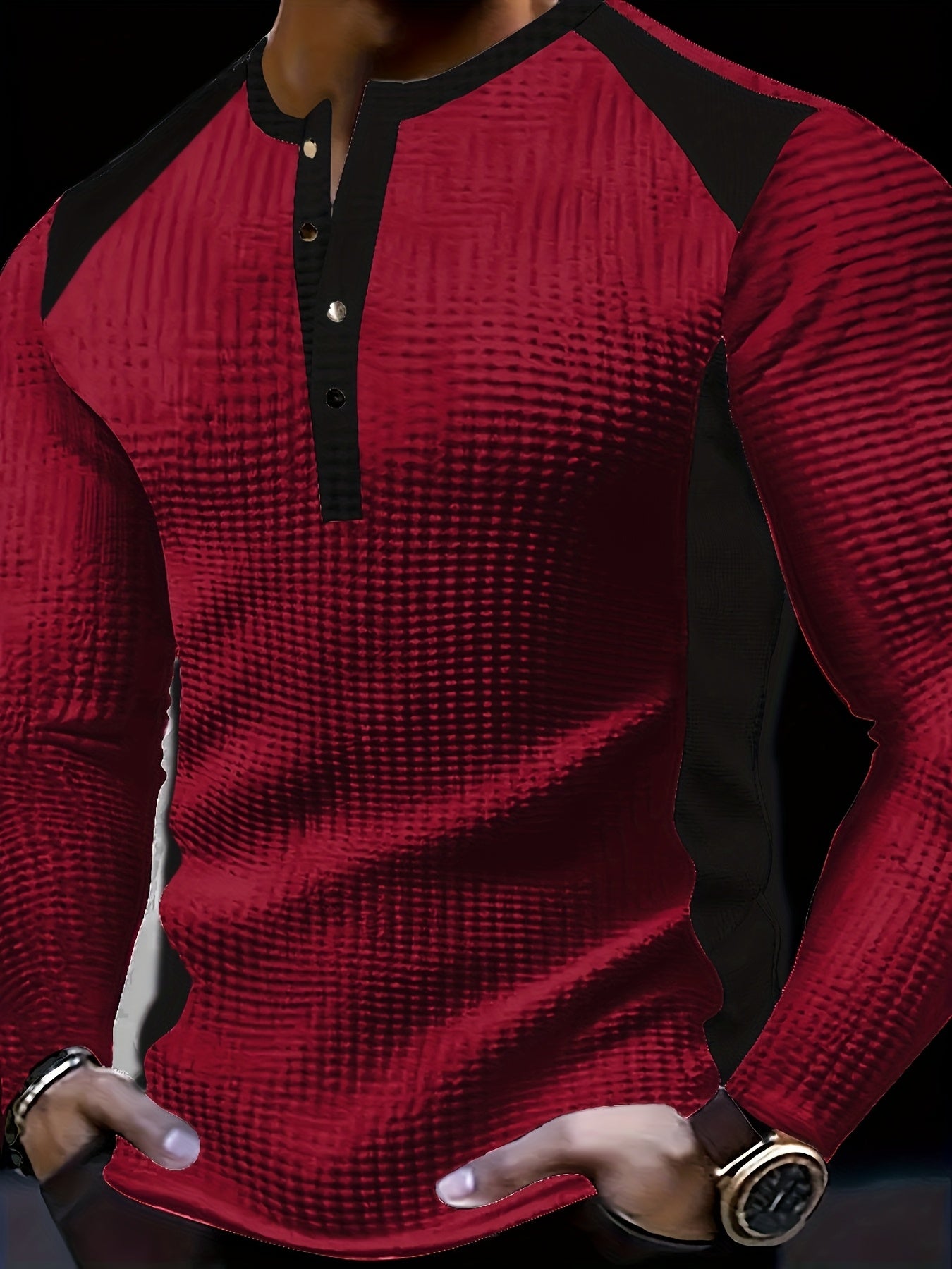 Chemise Henley gaufrée pour homme – Haut boutonnée toutes saisons blanc et noir