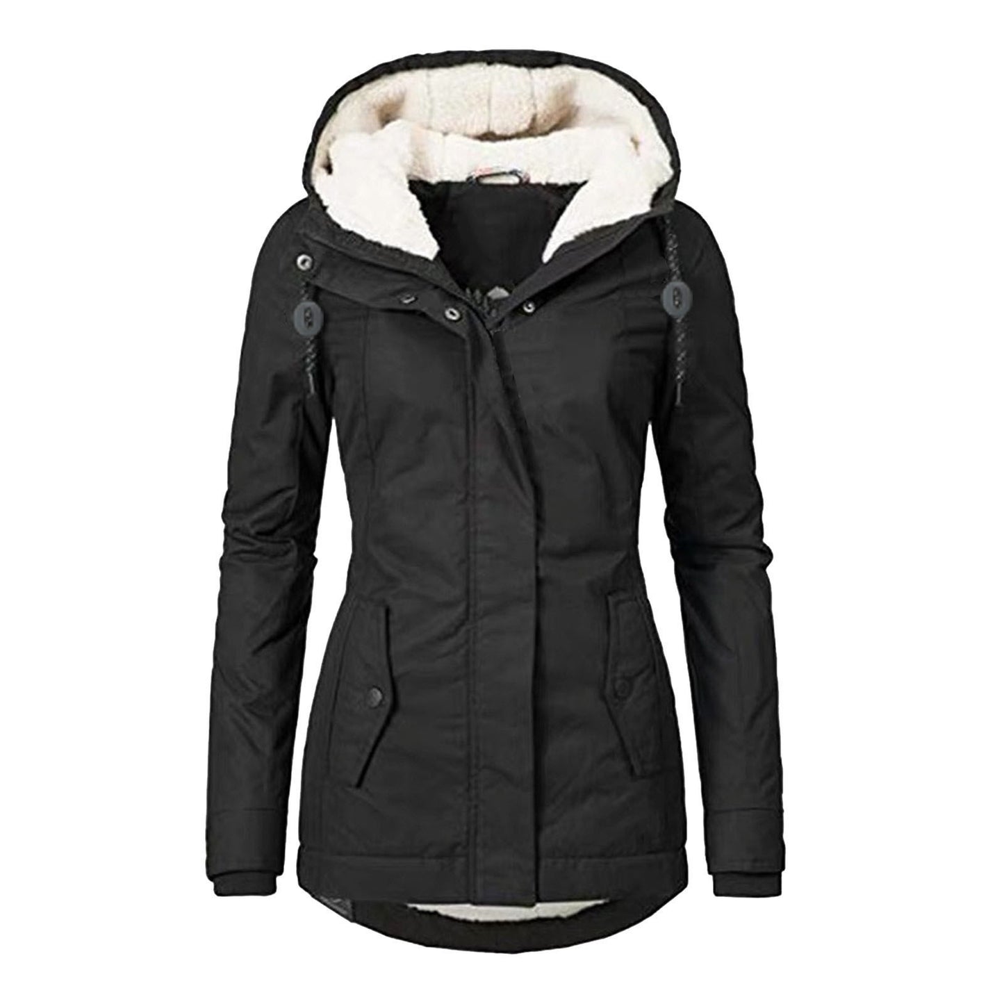 Chaqueta con capucha de vellón acogedor Loom & Soul™ – Abrigo de invierno cálido con cremallera para mujer, con bolsillos y forro de piel sintética