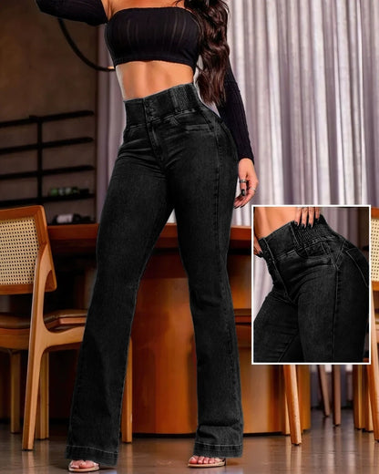 Pantalones vaqueros de talle alto con botones Loom & Soul™ - Pantalones vaqueros de mujer de corte entallado con la espalda fruncida