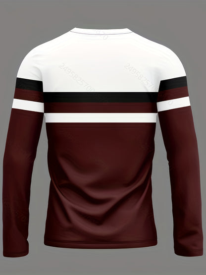 3D Geometric Street Tee – Wine Red Contrast Long Sleeve