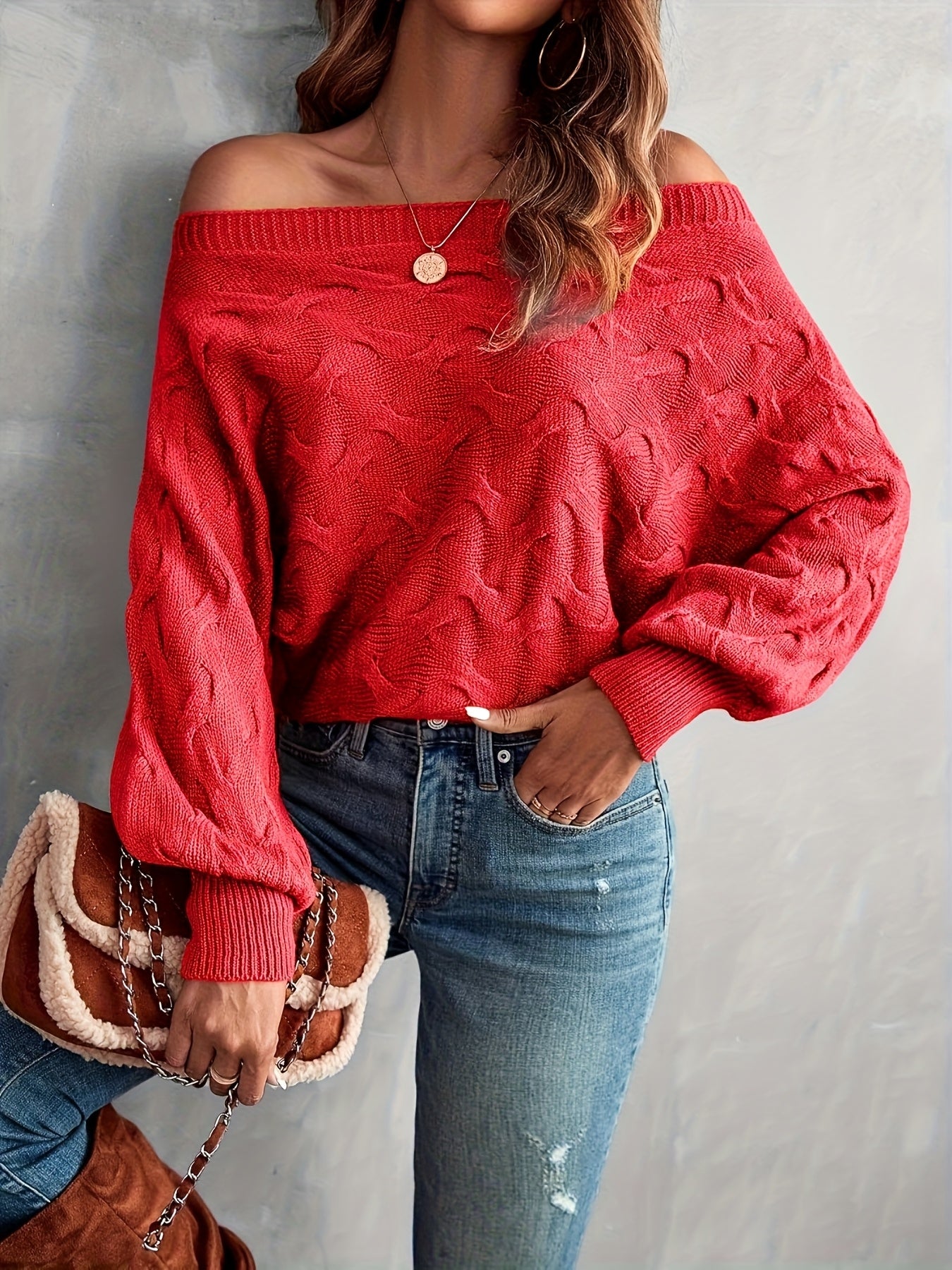 Suéter murciélago para mujer con hombros descubiertos – Tejido holgado para todas las estaciones