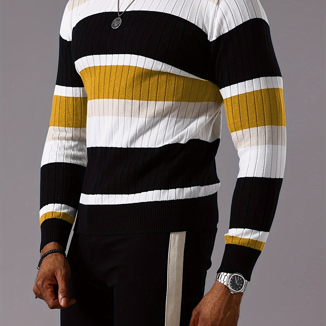 Pull rayé en tricot côtelé pour homme – Pull Color Block Automne Hiver