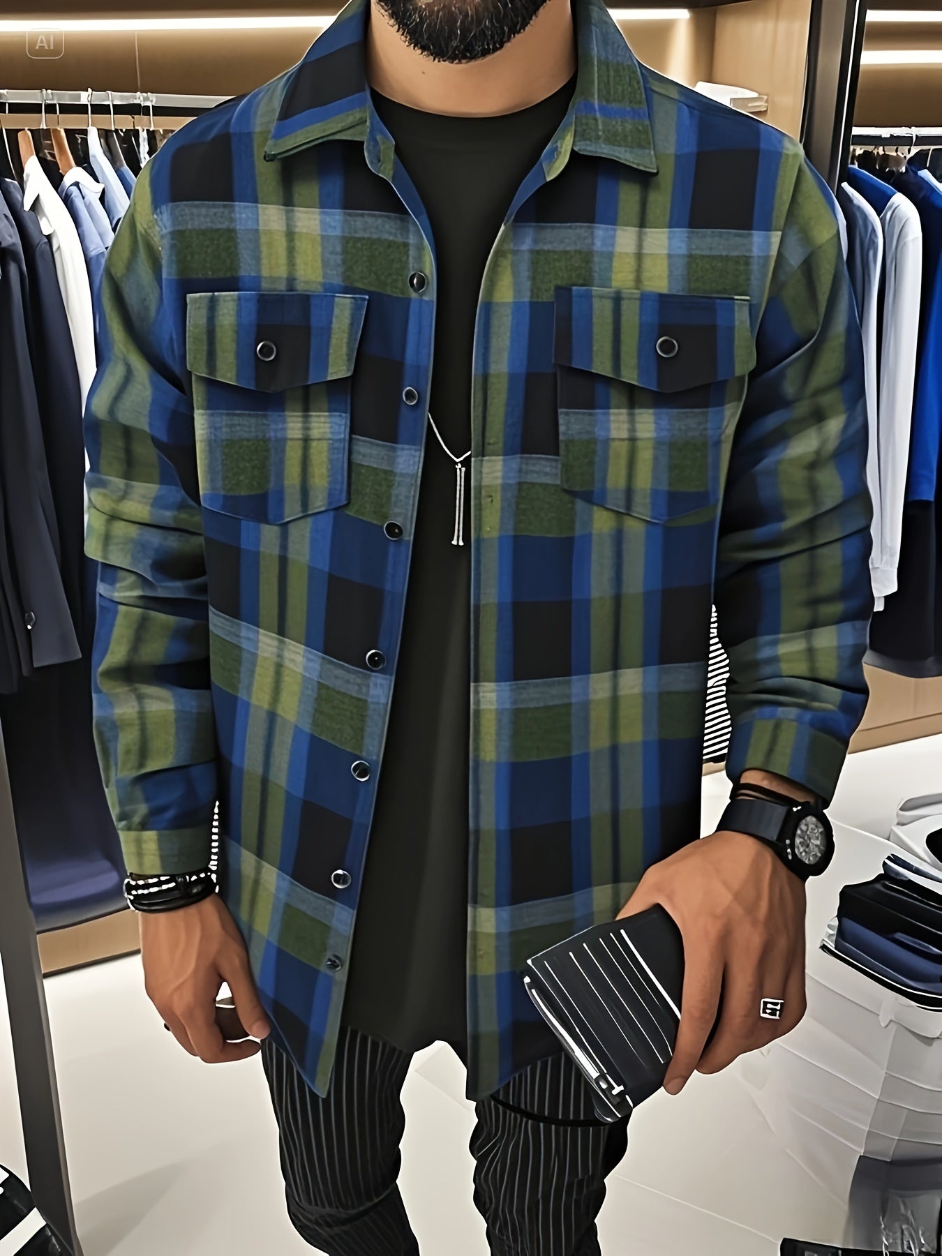 Camisa a cuadros verdes y azules para hombre – Camisa informal a cuadros con botones