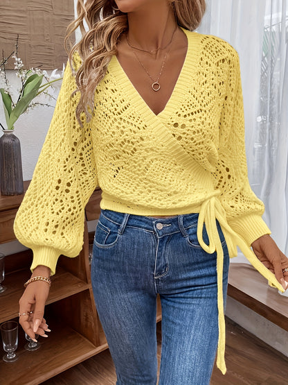 Elegante suéter de cuello en V con mangas farol – Suéter ligero para todas las estaciones