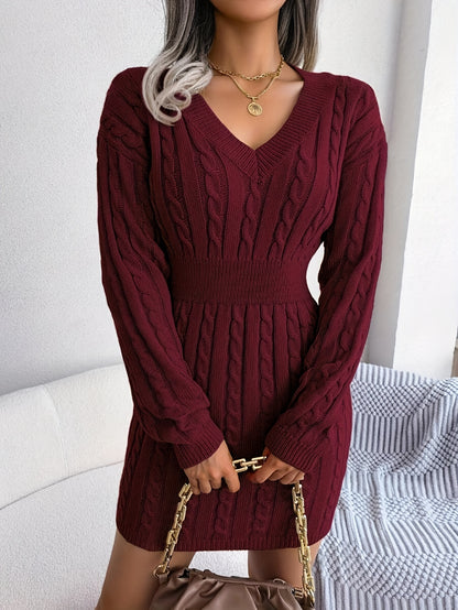 Robe pull col en V en maille torsadée pour femme – Chic hivernal à manches longues