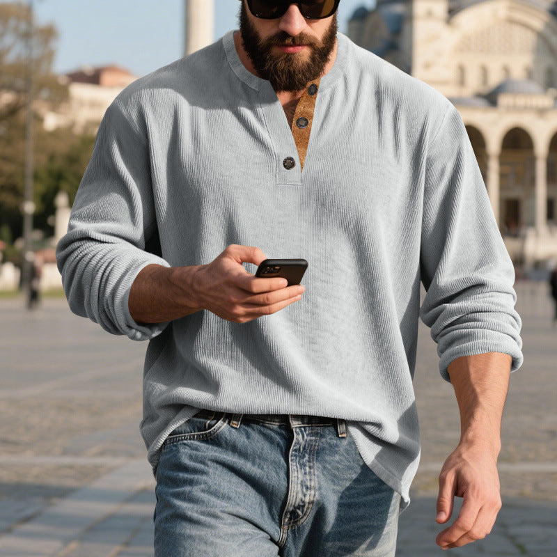 Camisa Henley de pana retro para hombre – Manga larga ajuste holgado