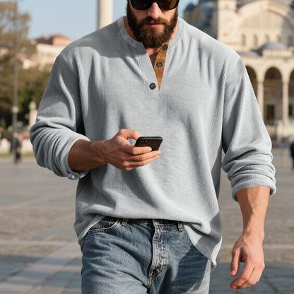 Camisa Henley de pana retro para hombre – Manga larga ajuste holgado