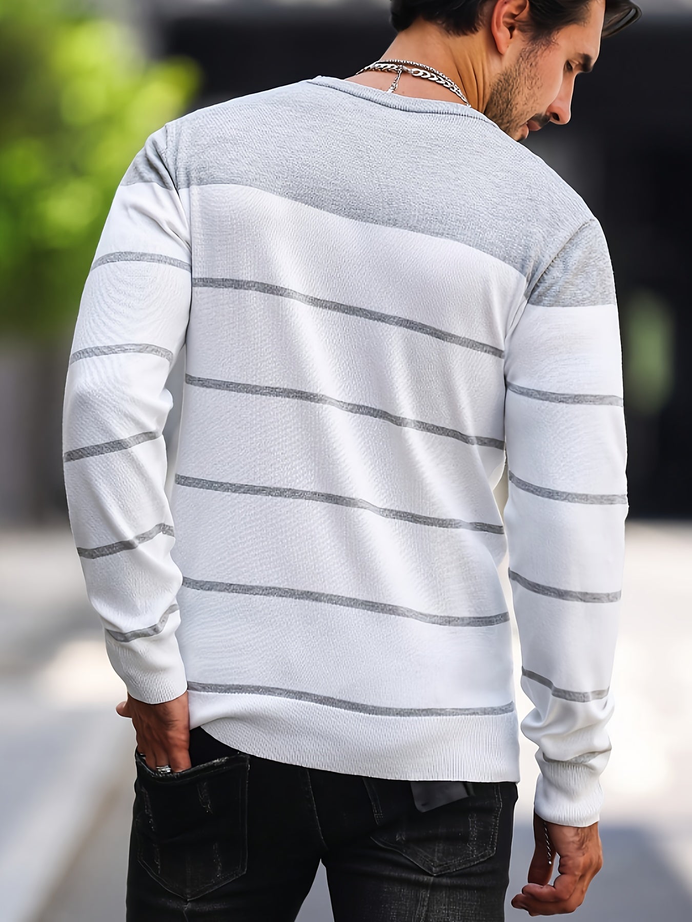 Suéter de punto a rayas azul marino para hombre – Sudadera informal de cuello redondo
