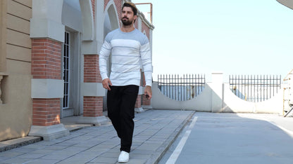 Suéter de punto a rayas azul marino para hombre – Sudadera informal de cuello redondo