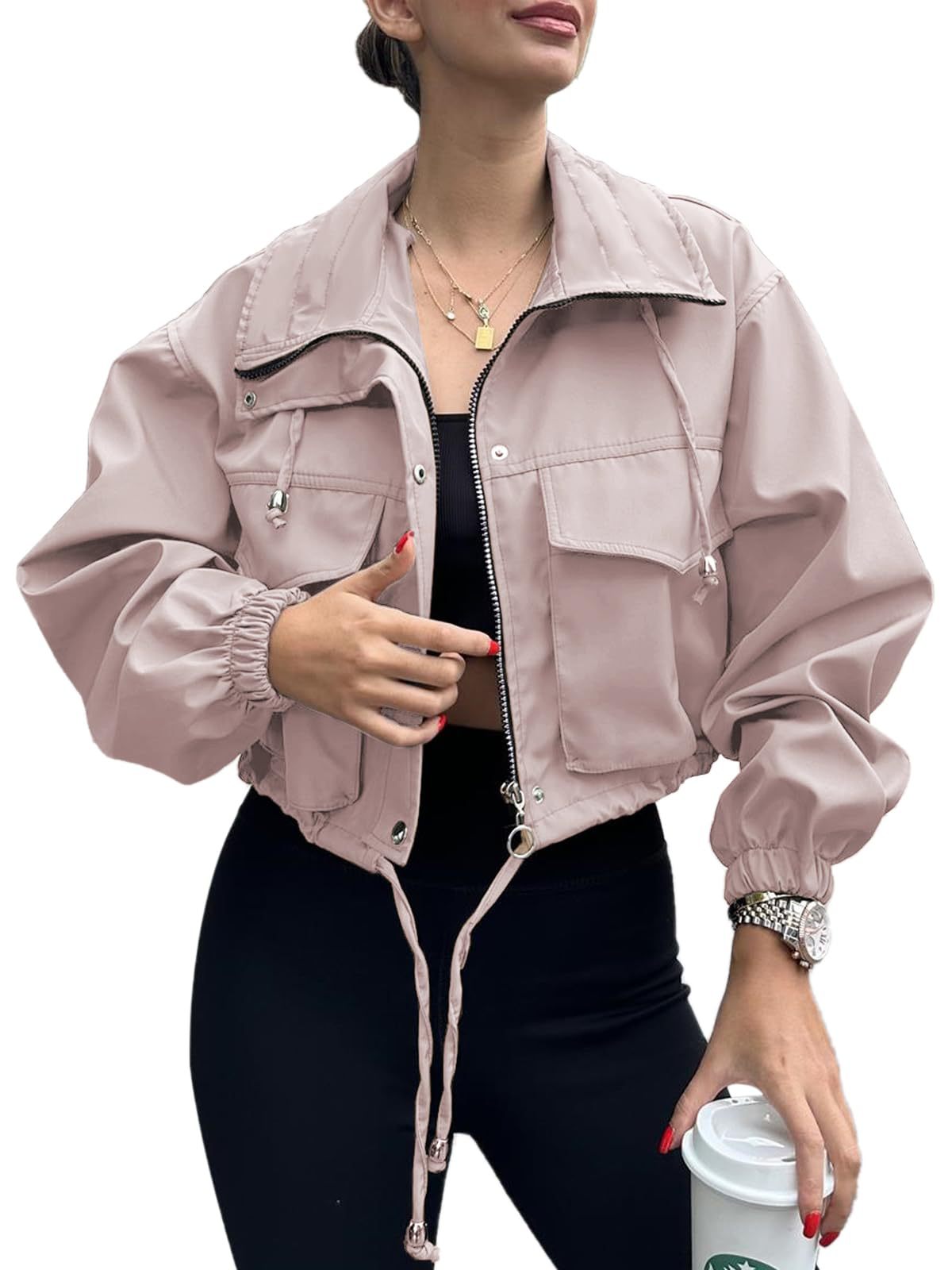Chaqueta Trench Corta con Cremallera para Mujer – Estilo Urbano de Color Liso