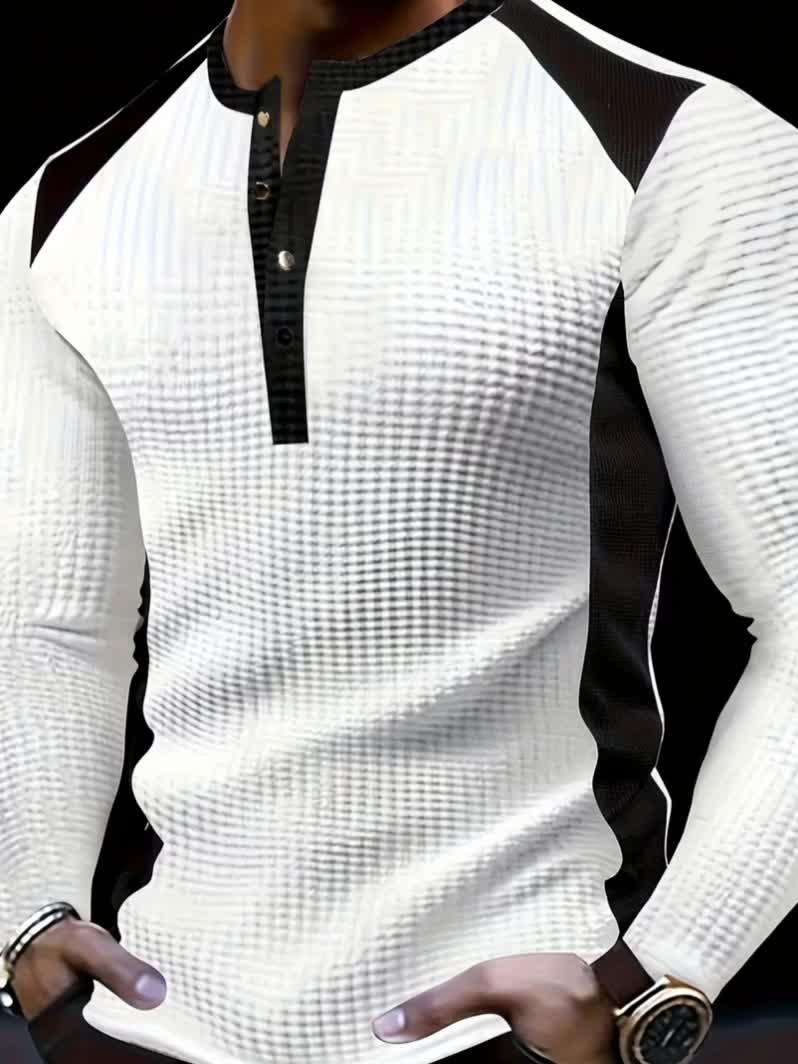 Chemise Henley gaufrée pour homme – Haut boutonnée toutes saisons blanc et noir
