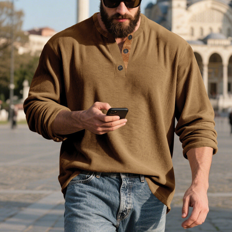 Camisa Henley de pana retro para hombre – Manga larga ajuste holgado