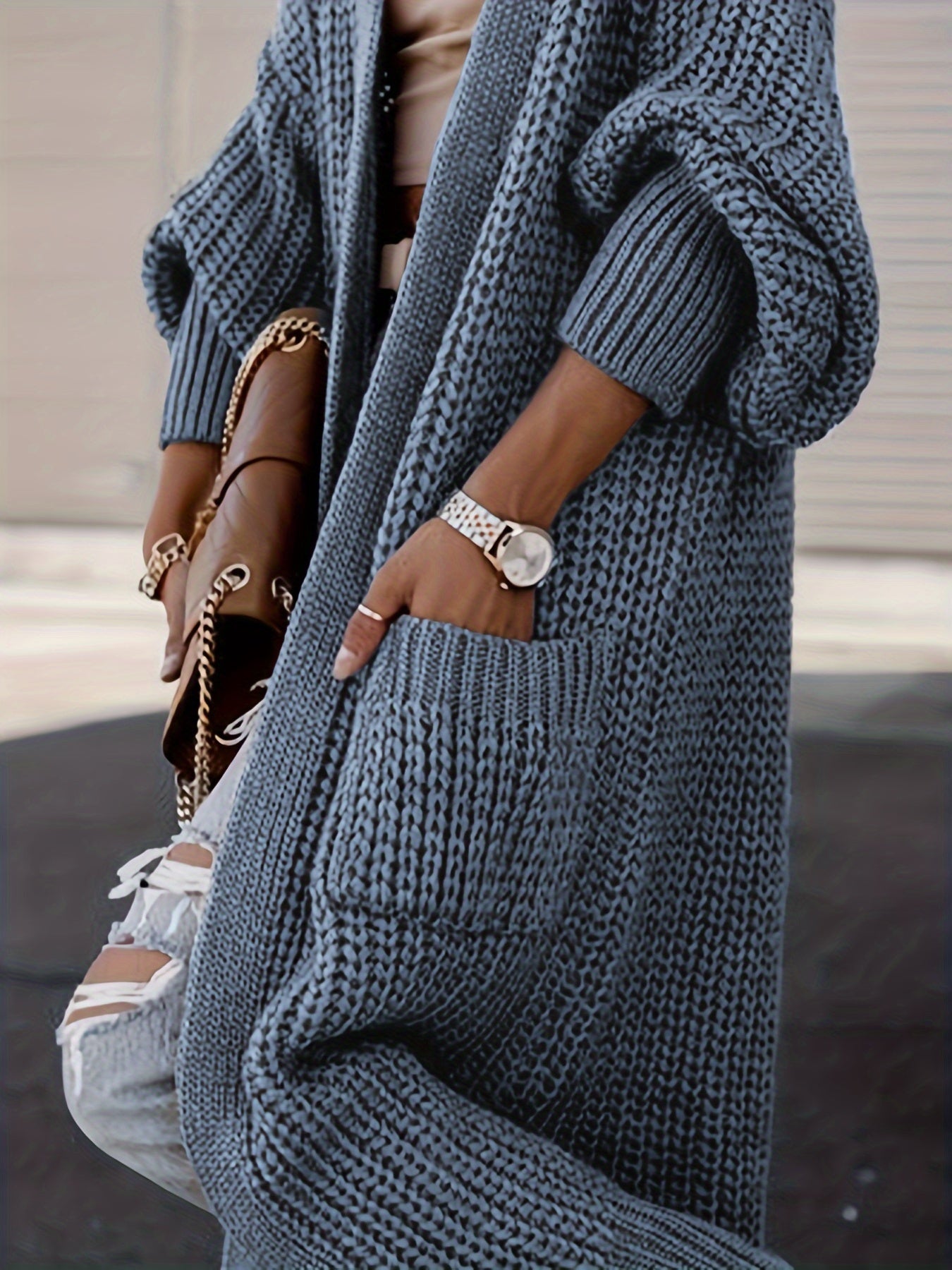 Elegante cárdigan acanalado con cuello en V profundo – Suéter de punto de otoño/invierno para mujer