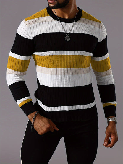 Pull rayé en tricot côtelé pour homme – Pull Color Block Automne Hiver