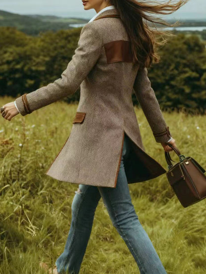 Brown Herringbone Coat – Mid-Length Belted Elegant Jacket