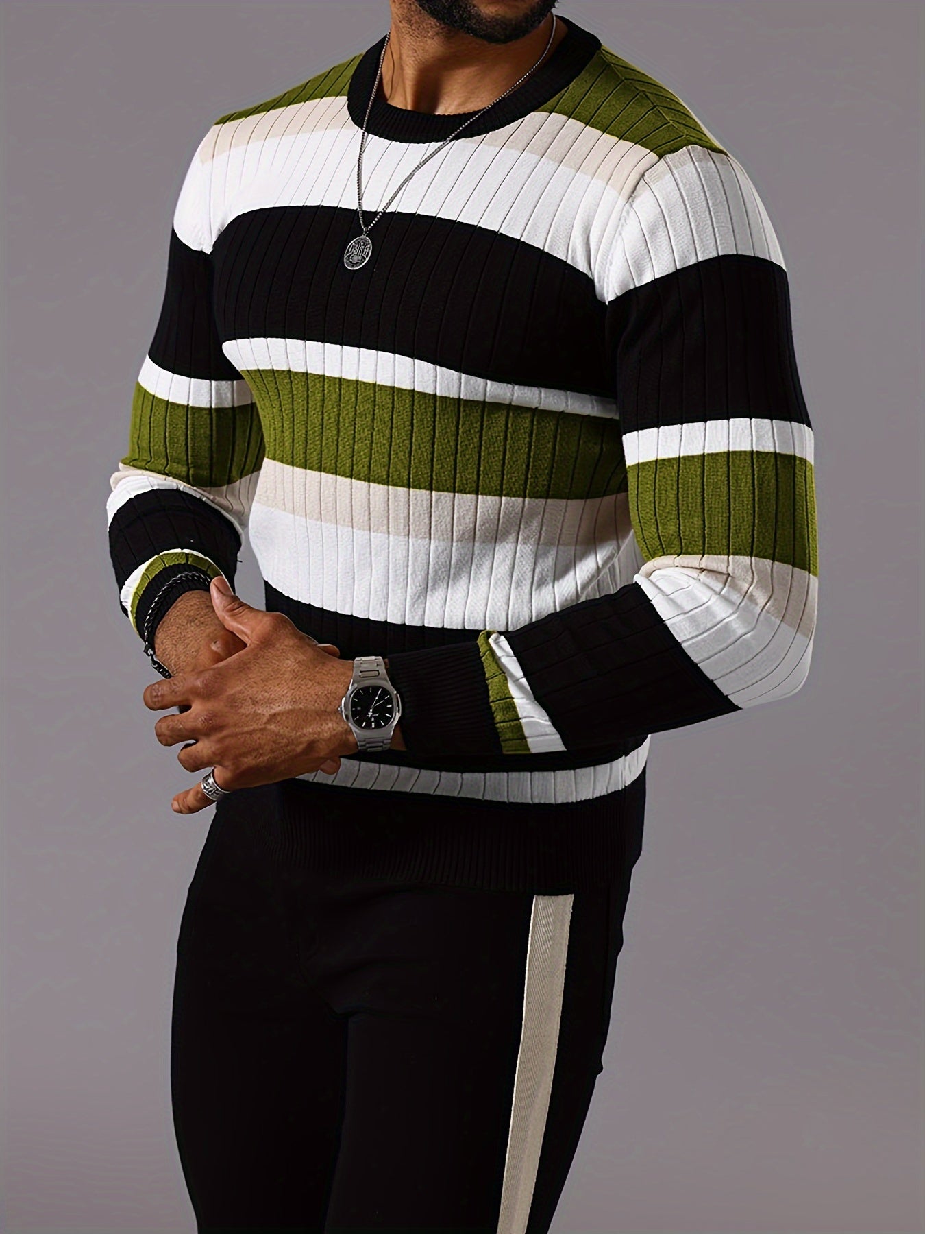 Pull rayé en tricot côtelé pour homme – Pull Color Block Automne Hiver