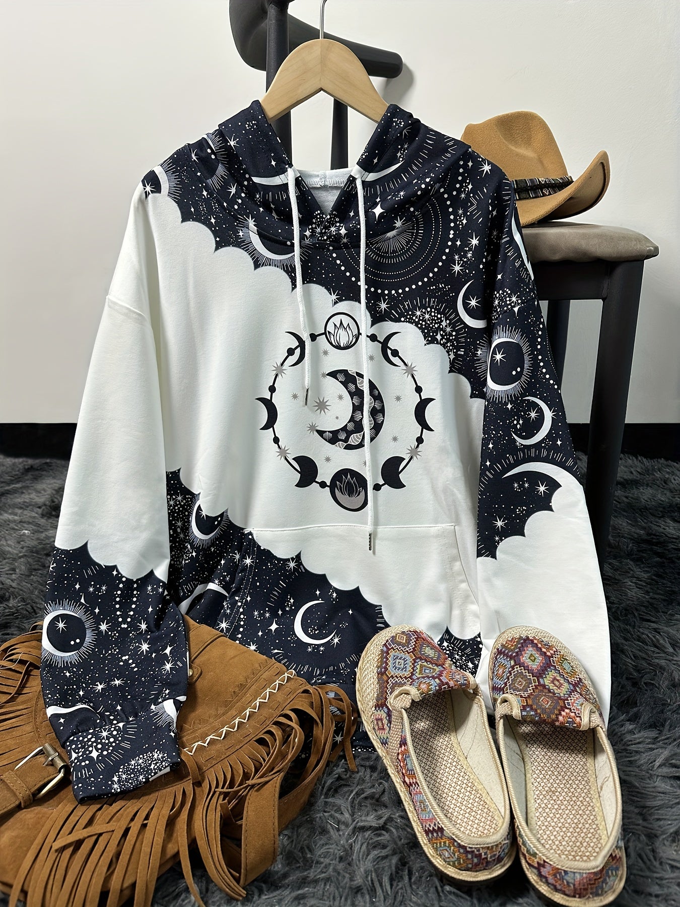 Sudadera con capucha celestial estilo boho chic – Sudadera de mujer verde con luna del zodiaco
