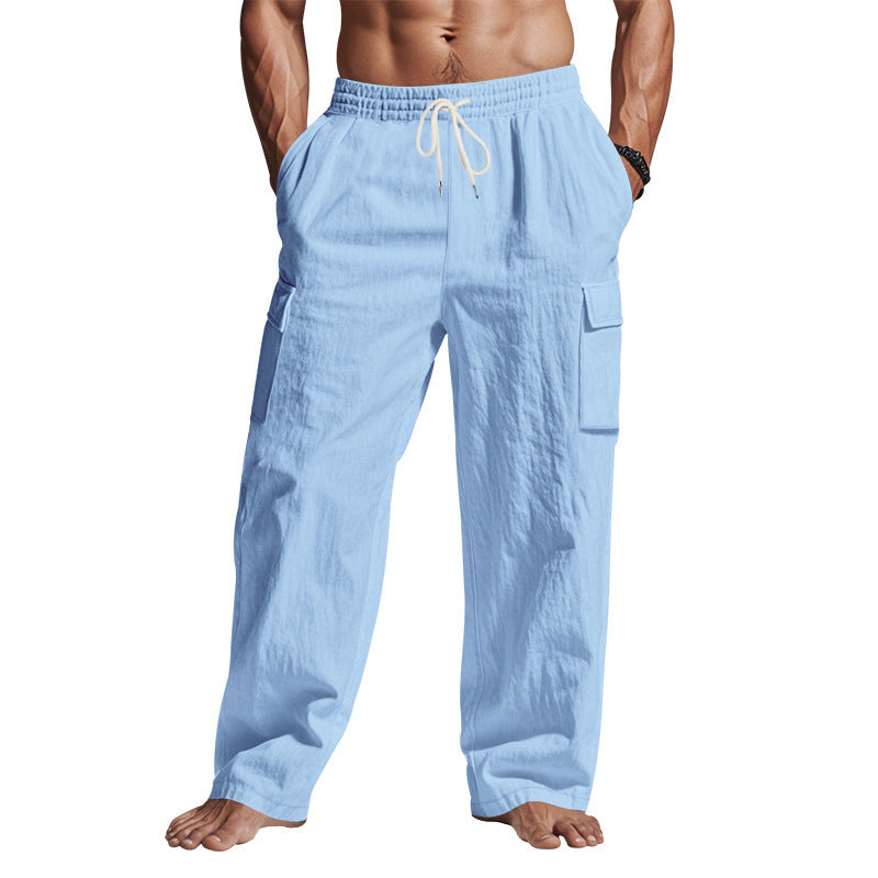 Loom & Soul™ Pantalones cargo de lino para hombre – Pantalones de trabajo transpirables de pernera recta con múltiples bolsillos