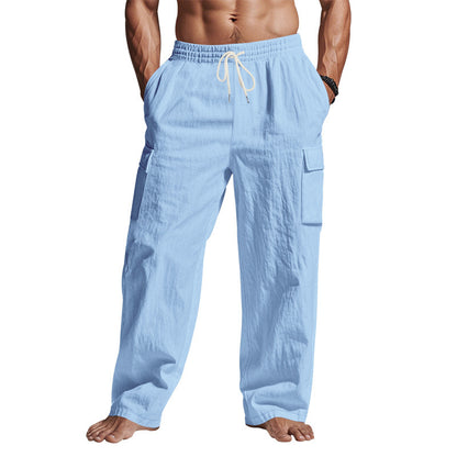 Loom & Soul™ Pantalones cargo de lino para hombre – Pantalones de trabajo transpirables de pernera recta con múltiples bolsillos
