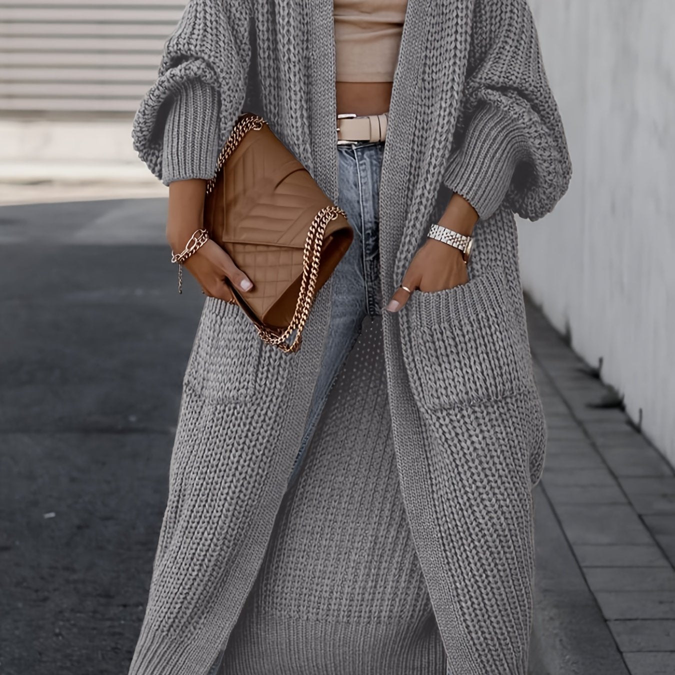 Elegante cárdigan acanalado con cuello en V profundo – Suéter de punto de otoño/invierno para mujer