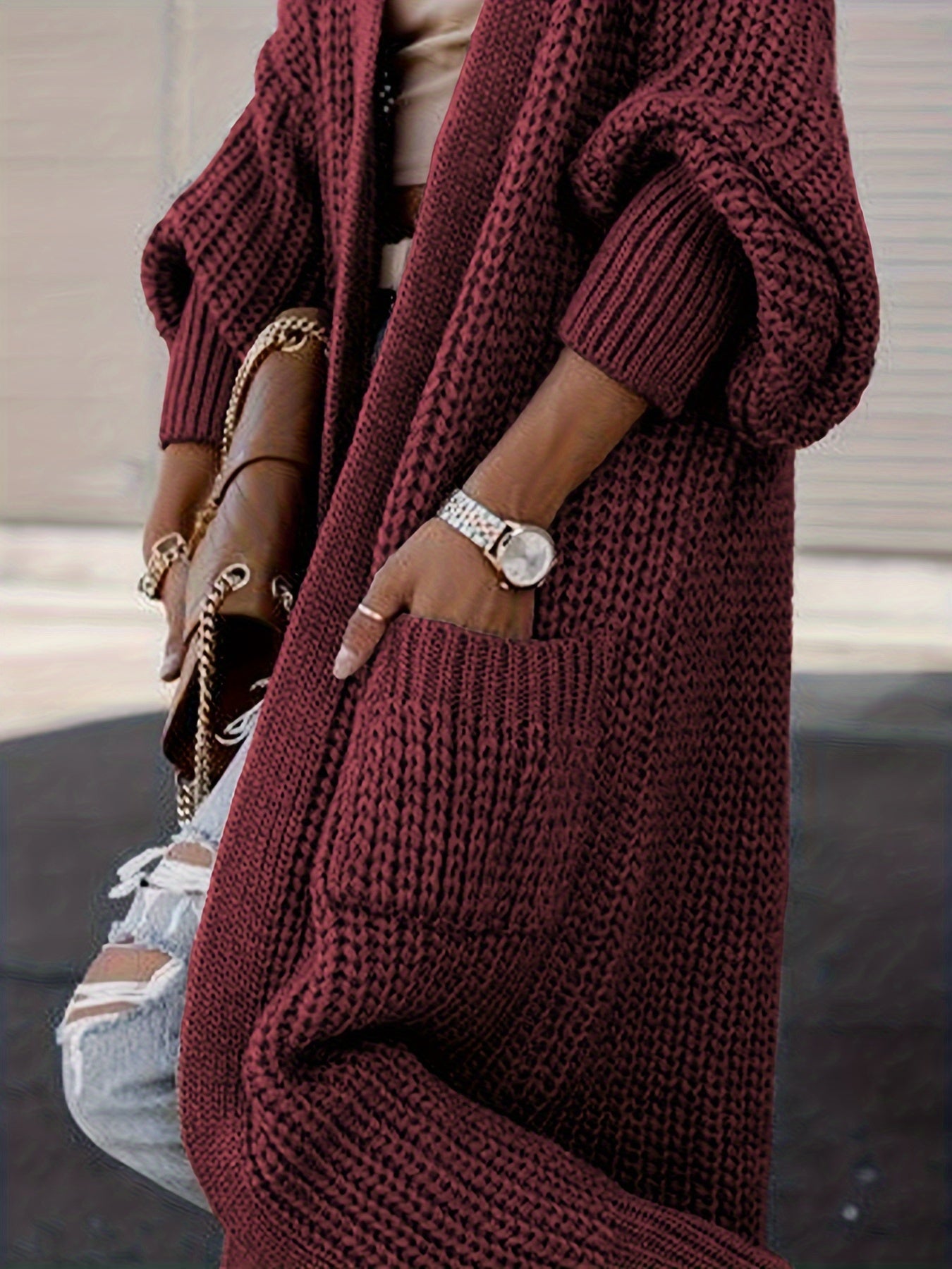 Elegante cárdigan acanalado con cuello en V profundo – Suéter de punto de otoño/invierno para mujer