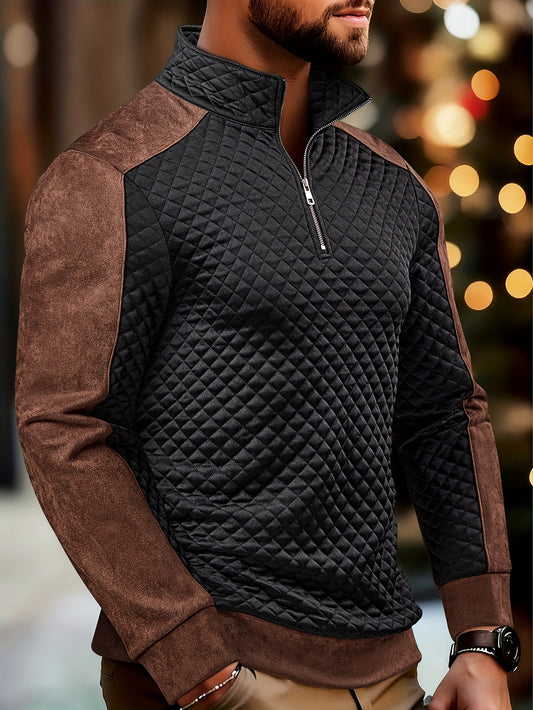 Henley de punto de rombos con cremallera para hombre – Suéter con bloques de color texturizado