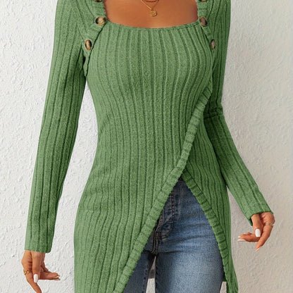 Camiseta de punto entallada para mujer – Top de manga larga con cuello cuadrado
