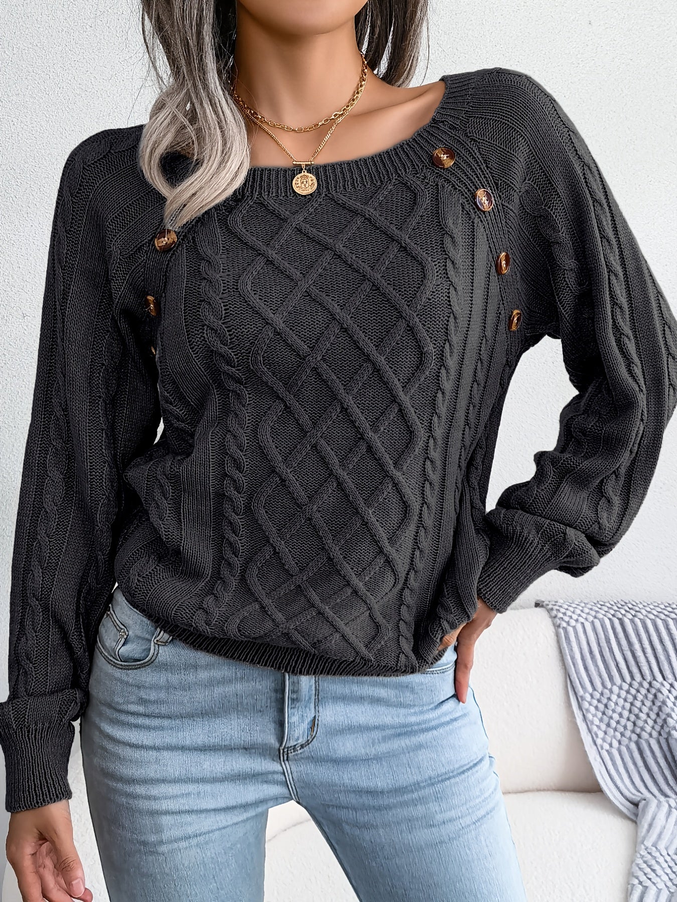 Jersey texturizado de mujer con manga farol – Top de punto con detalles de botones