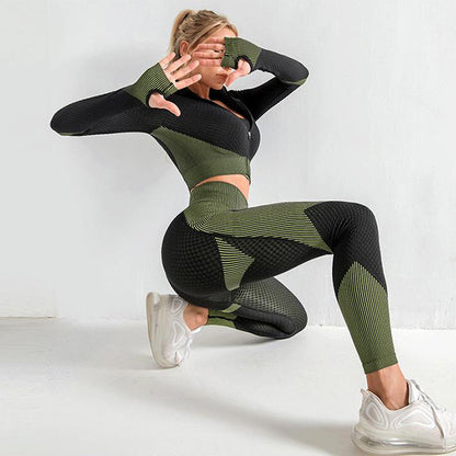 Conjunto de yoga sin costuras de 3 piezas Loom & Soul para mujer – Sujetador deportivo, top corto y leggings, conjunto de gimnasio de secado rápido