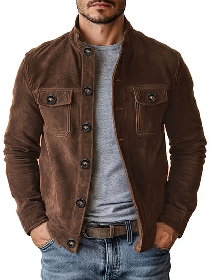 Chaqueta de ante sintético para hombre – Abrigo informal con cuello alto y botones