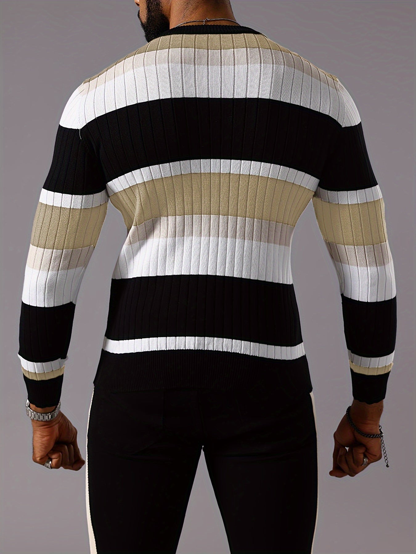 Pull rayé en tricot côtelé pour homme – Pull Color Block Automne Hiver