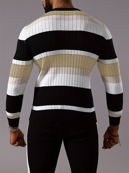 Pull rayé en tricot côtelé pour homme – Pull Color Block Automne Hiver