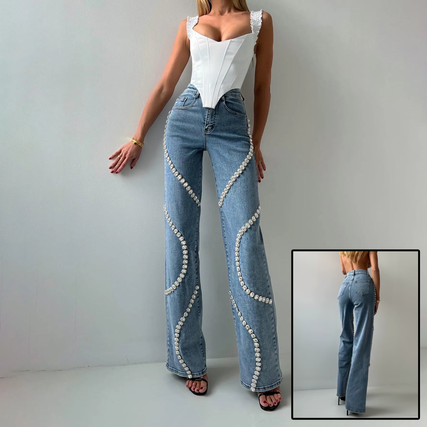 Loom & Soul™ Vaqueros de pernera recta con pedrería – Pantalones de mezclilla de calle de estilo elevado para mujer