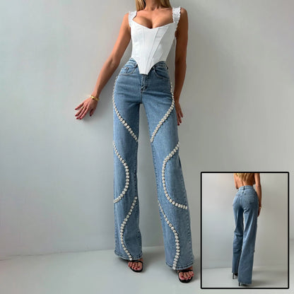 Loom & Soul™ Vaqueros de pernera recta con pedrería – Pantalones de mezclilla de calle de estilo elevado para mujer