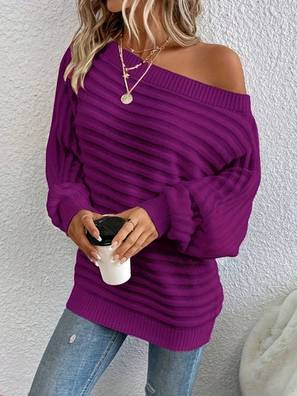 Blusa de talla grande con hombros descubiertos – Blusa informal de manga murciélago acanalada